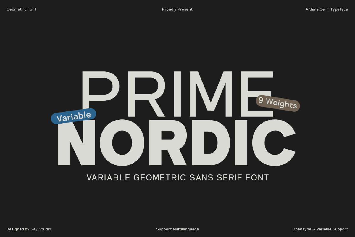 Prime Nordic variable font with 9 weights displayed in large geometric letters on dark background