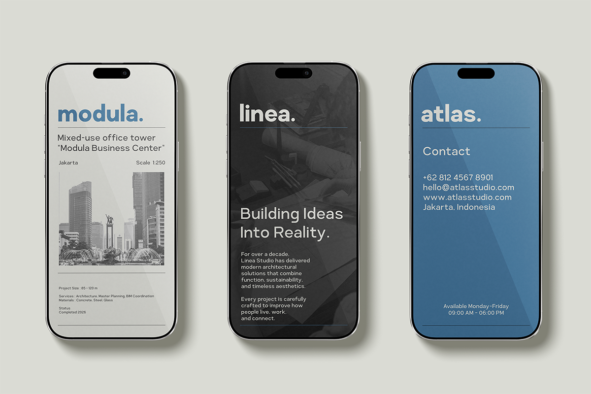 Three iPhone mockups displaying architecture studio portfolio screens in white, black, blue