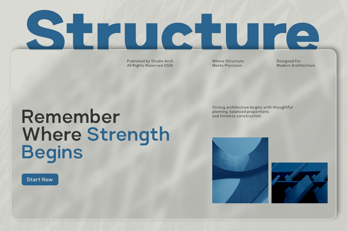 Structure mockup landing page with bold blue typography, architectural imagery, plus Start Now button