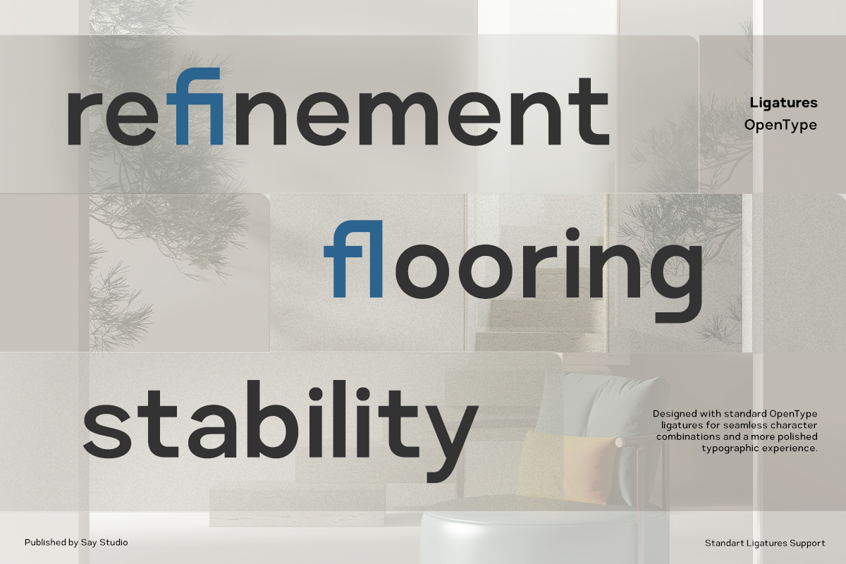Modern sans serif font displayed with "refinement flooring stability" text over minimal interior design backgrounds showing neutral tones