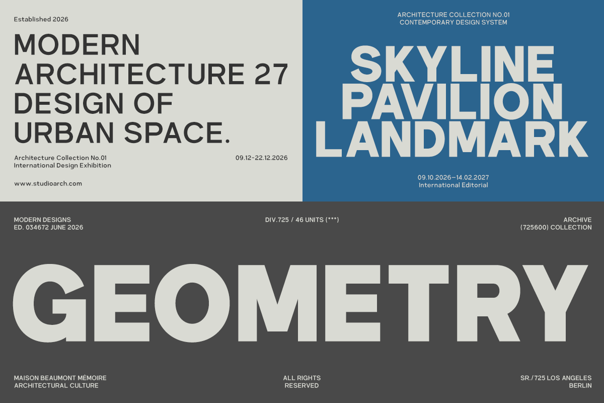 Split screen poster design with modern architecture exhibition on left, skyline pavilion landmark on right in blue