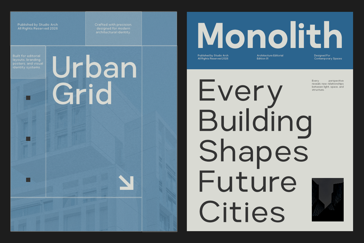 Two modern architecture editorial design layouts with bold typography, grid systems, minimal color palettes in blue, cream, black tones