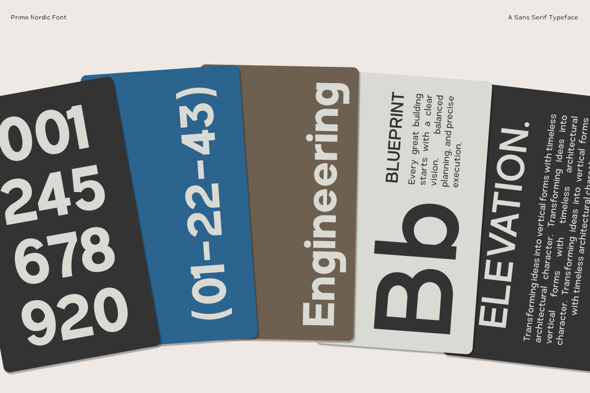 Prime Nordic Font displayed across five fanned-out cards showing numbers, codes, plus sample text layouts