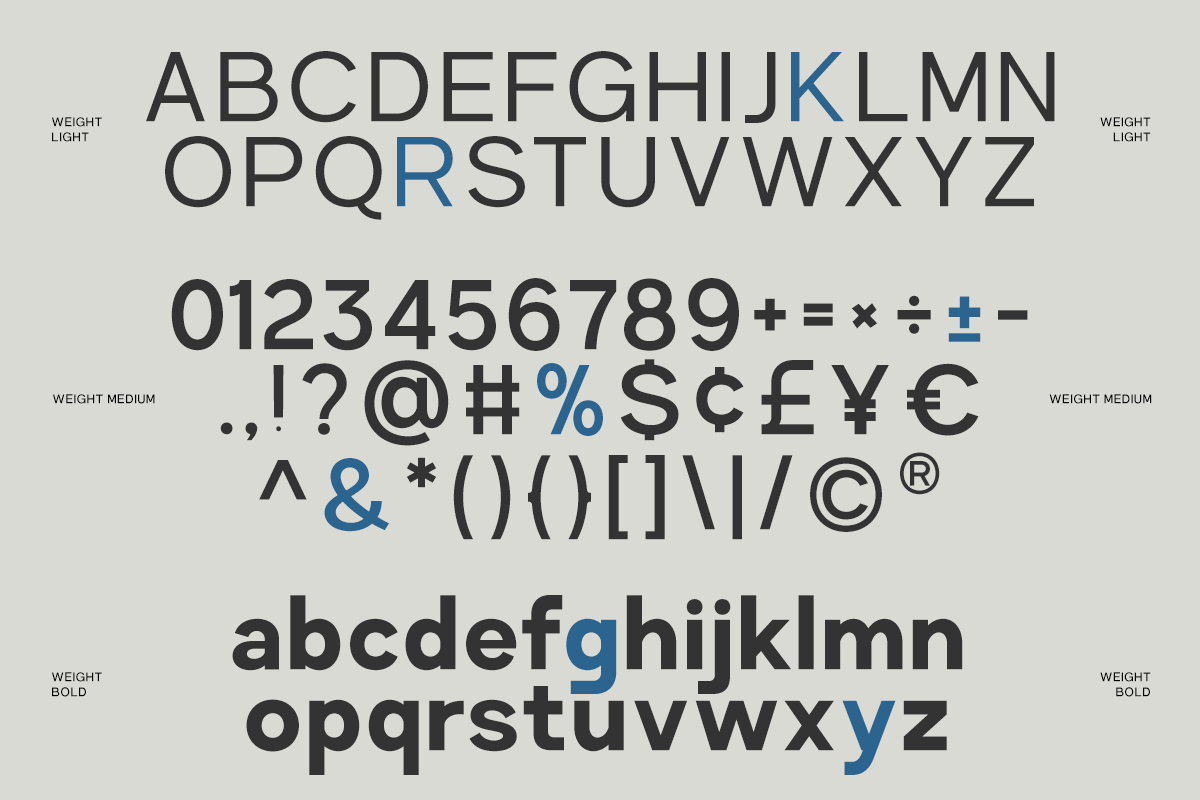 Modern sans serif typeface showing uppercase, lowercase, numbers, symbols in light to bold weights