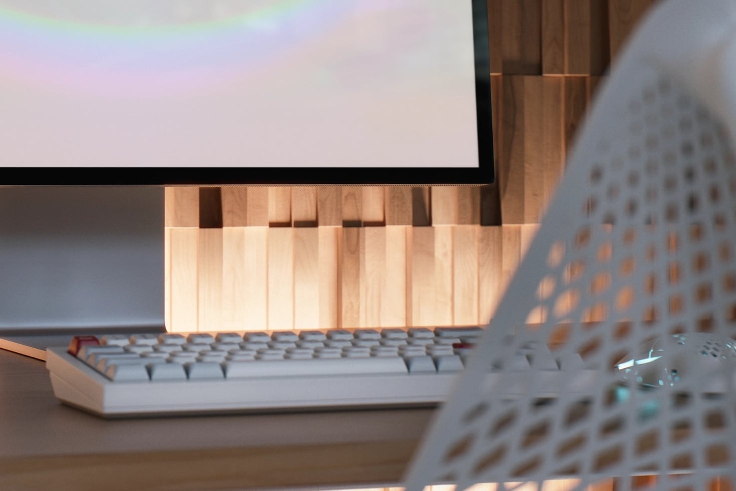 Monitor mockup with wooden desk organizer, keyboard, soft pastel gradient screen