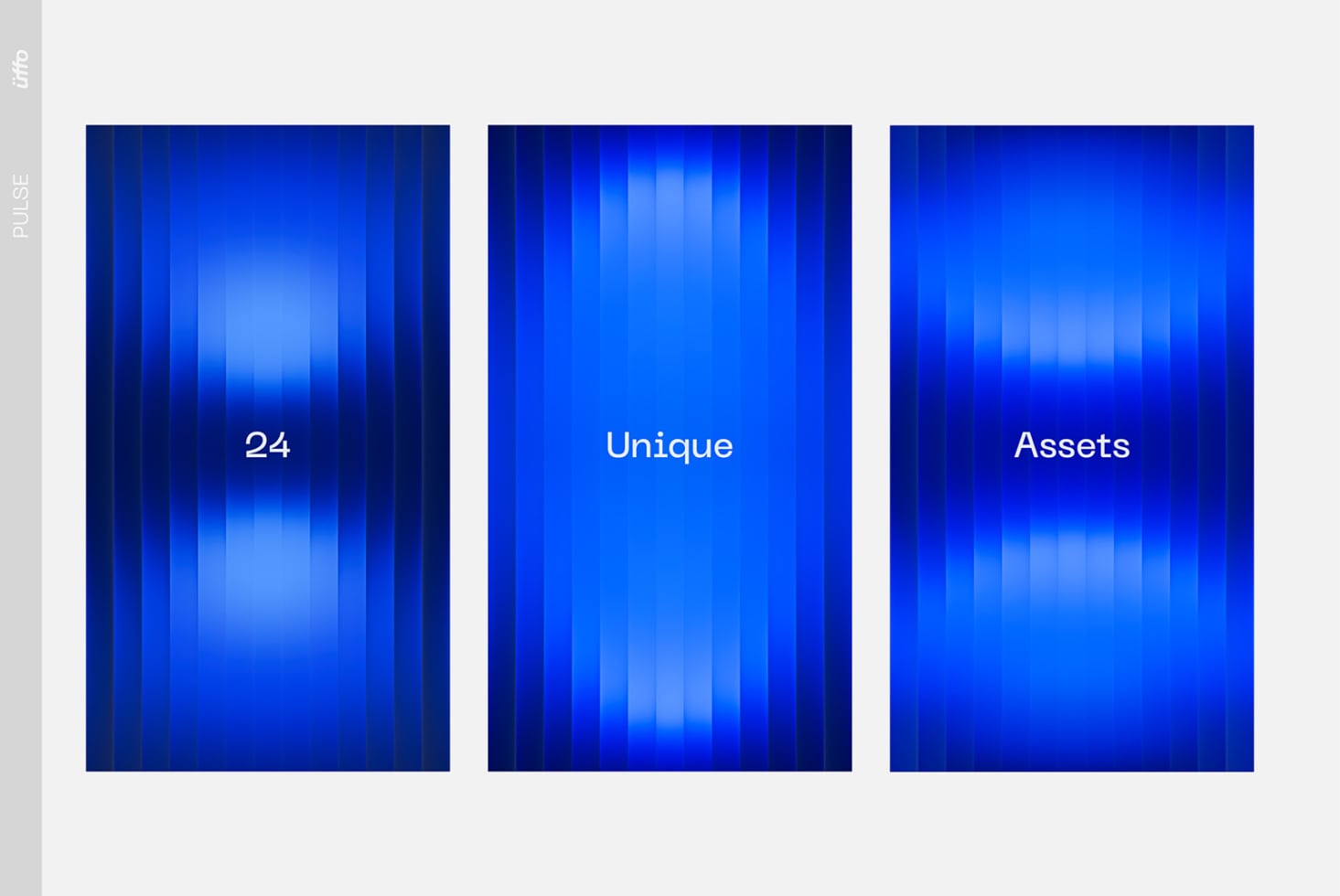 Three vertical cards with deep blue gradient backgrounds, vertical line patterns, glowing light effects, text reading "24 Unique Assets"