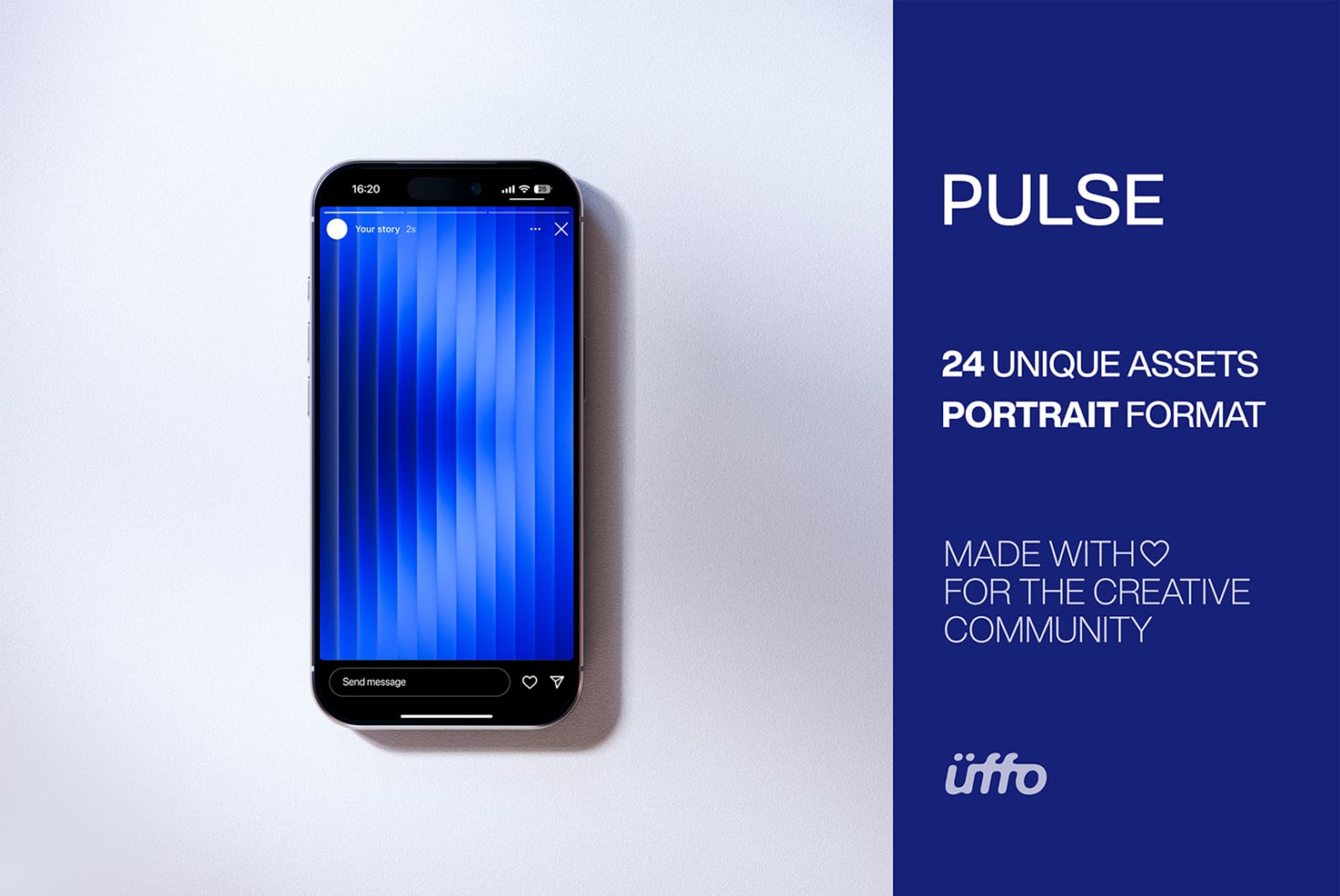 Smartphone mockup displaying blue gradient story interface with Pulse branding