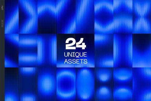 Bright blue waveform pattern with "24 Unique Assets" text overlay on dark background