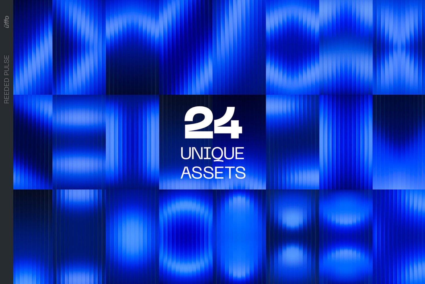 Glitchy blue waveform grid with 24 Unique Assets text overlay in center