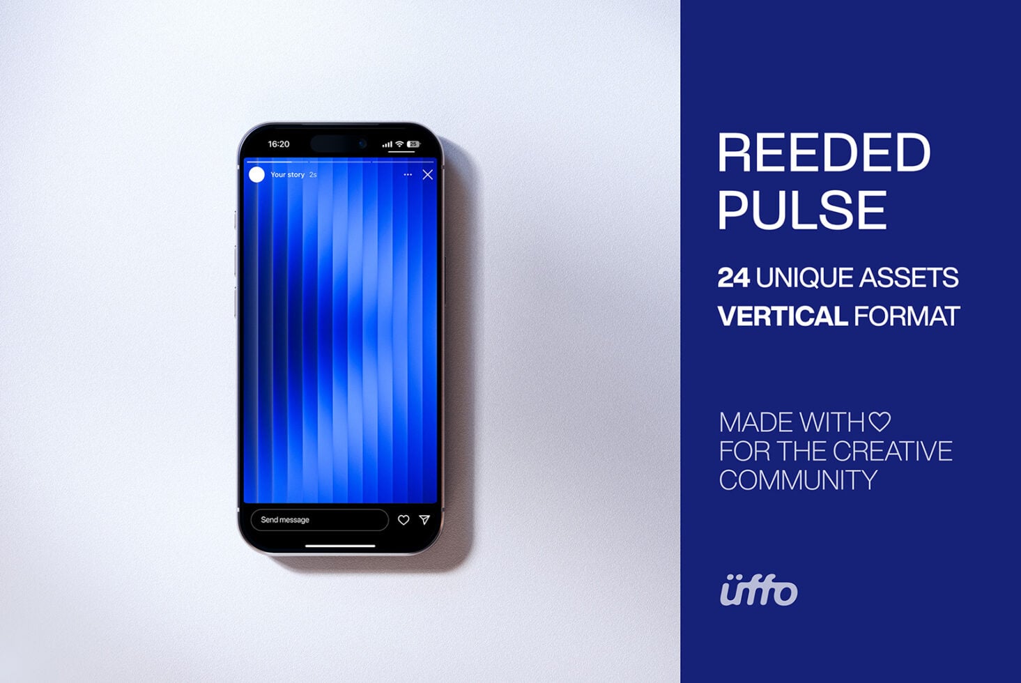 iPhone mockup showing blue gradient pulse animation with story interface, 24 assets included