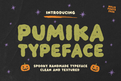 Pumaika typeface display with lime green textured letters on dark background with purple stars