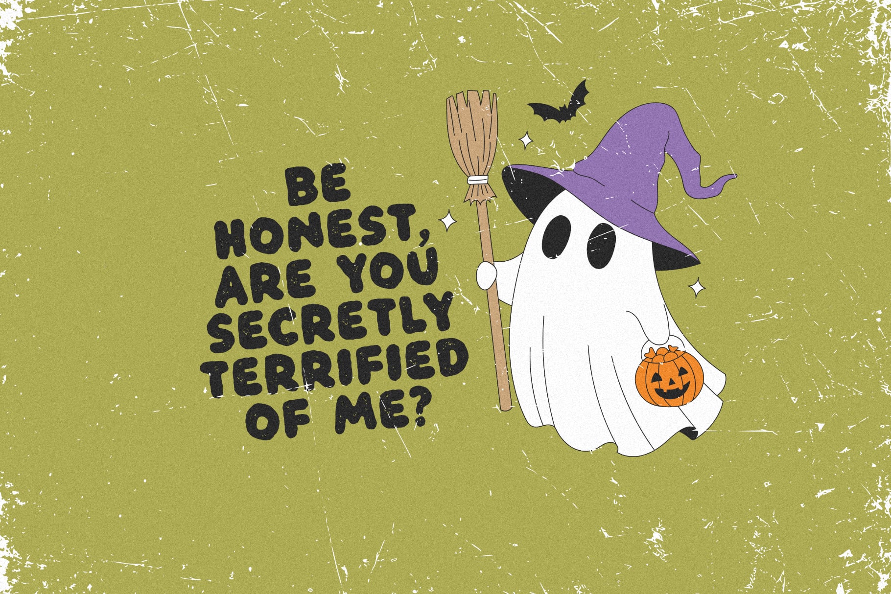 Ghost witch holding broomstick with pumpkin bucket on olive green background with text