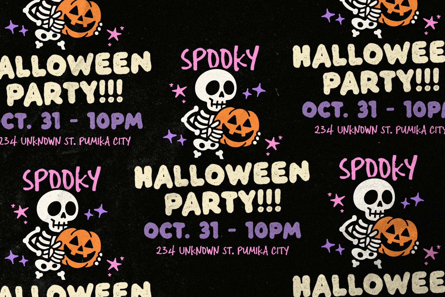 Spooky Halloween party flyer pattern with skeleton pumpkins, stars, purple text on black