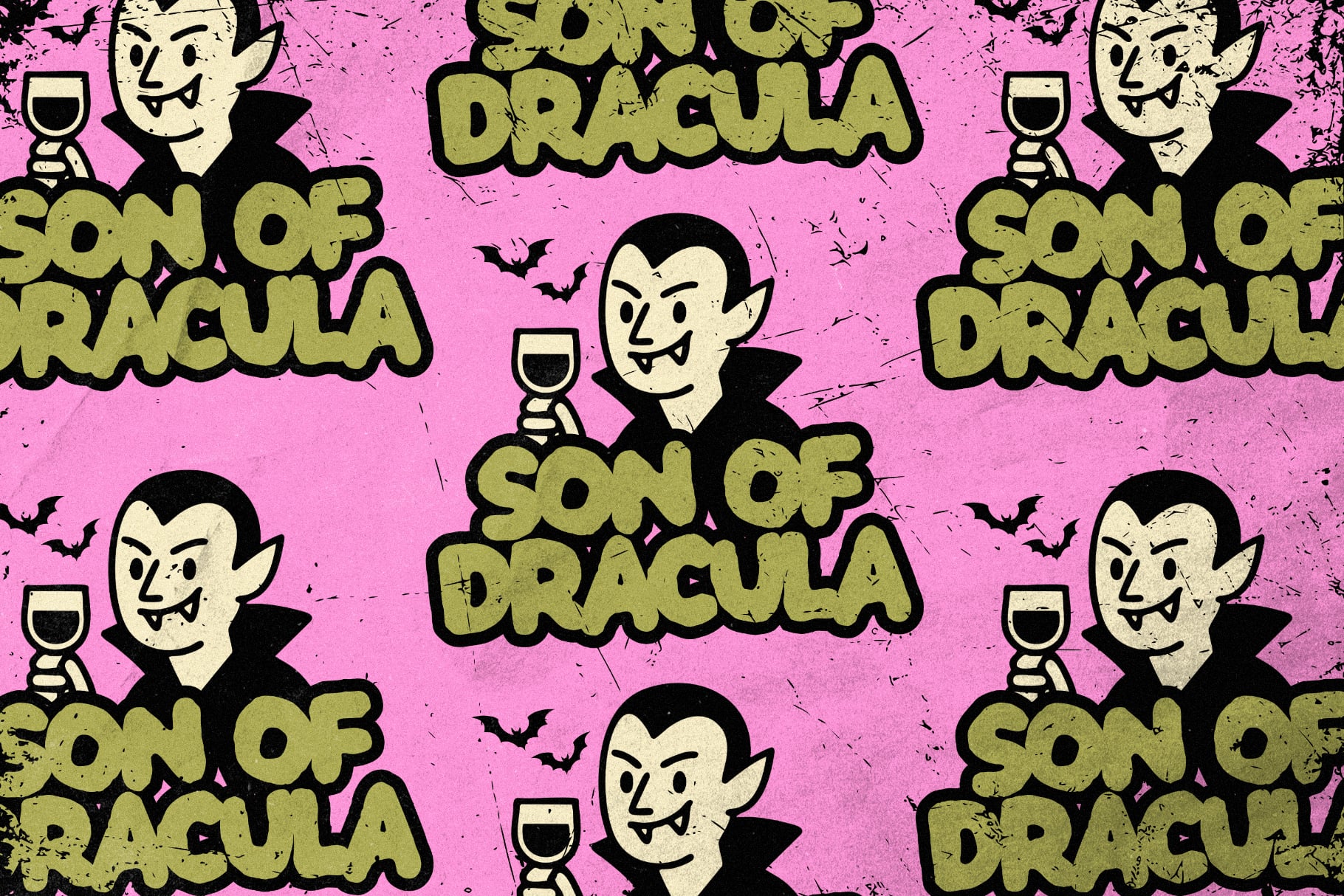 Retro vampire pattern with bold yellow text, evil grins, wine glasses, bats on hot pink backdrop