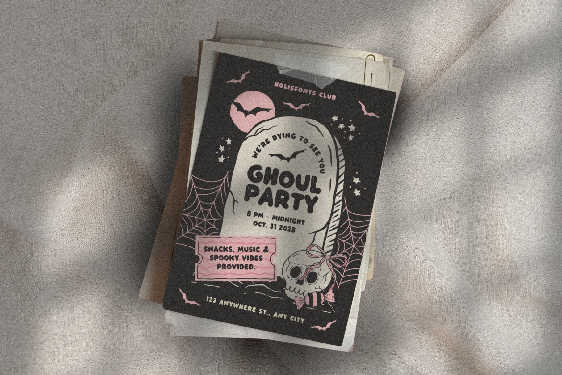 Retro Halloween flyer mockup with skull, bats, webs in pink, black, cream on stacked papers