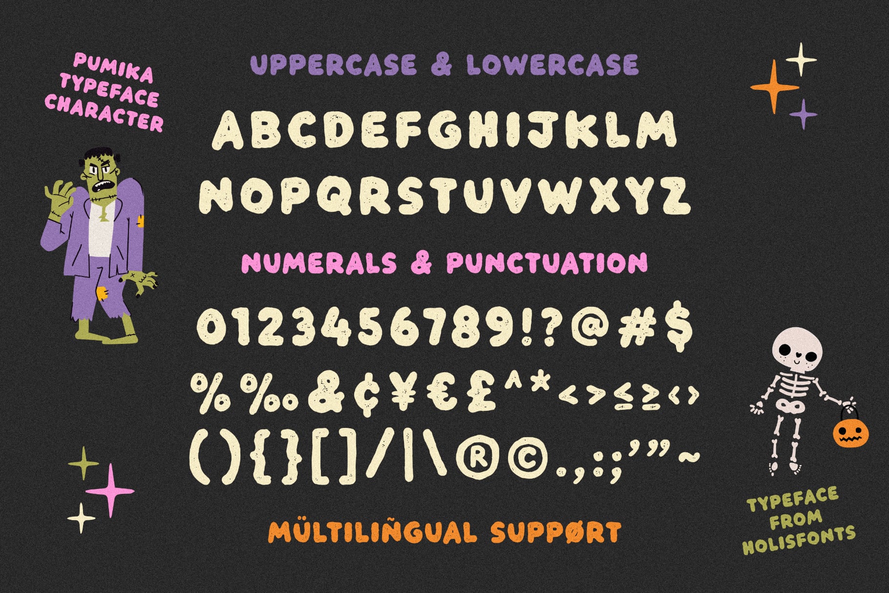 Pumika typeface character set with uppercase, lowercase, numbers, punctuation, plus spooky skeleton character on dark background