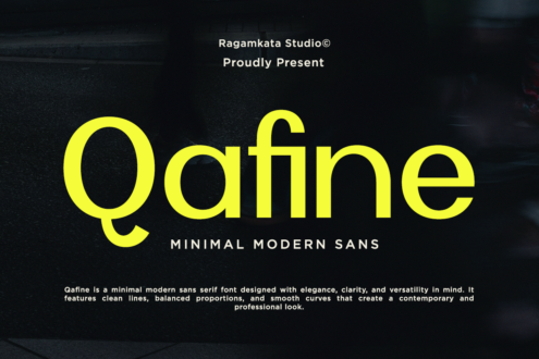 Qafine sans serif font in bright yellow on dark background with description text below