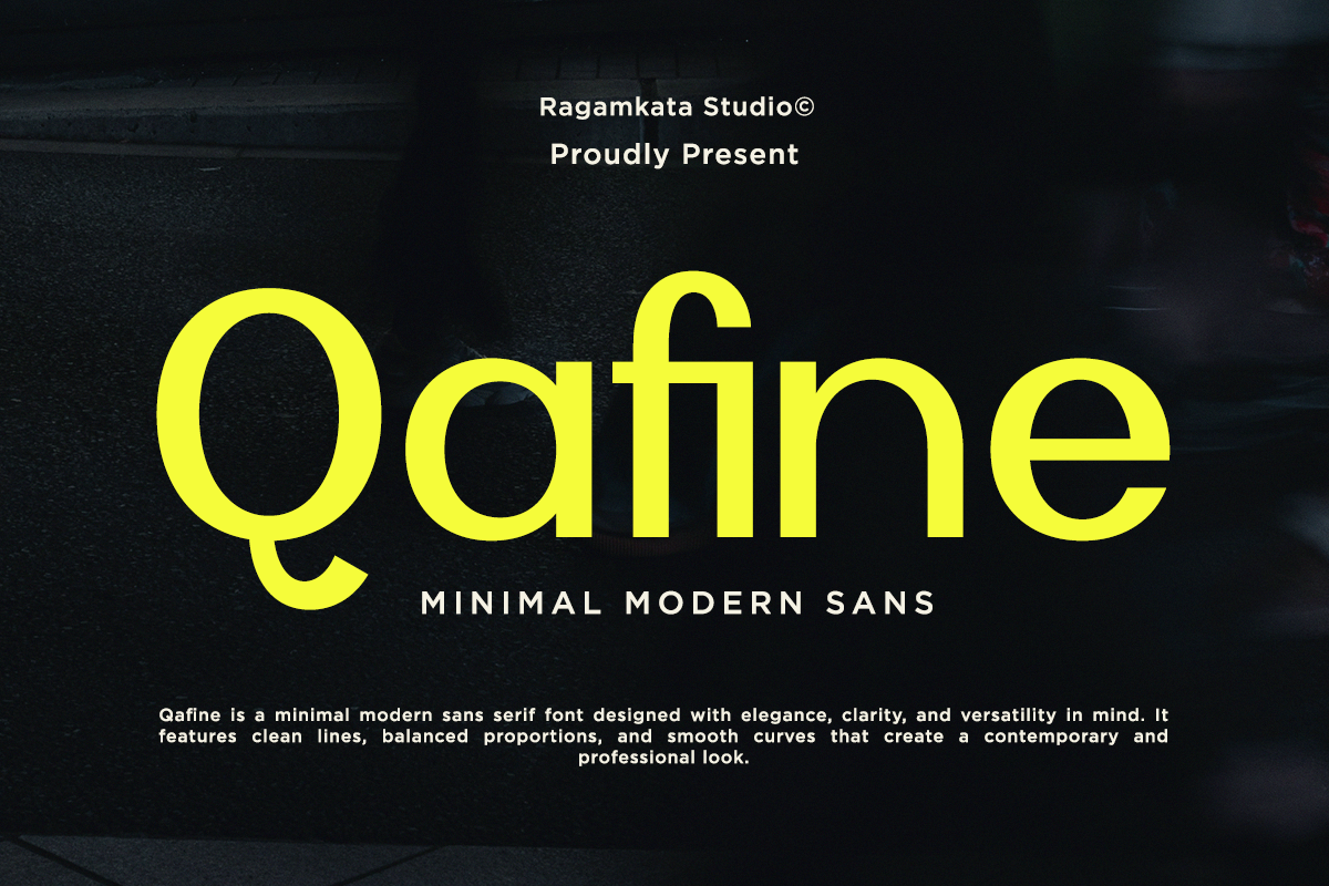Qafine sans serif font in bright yellow on dark background with description text below