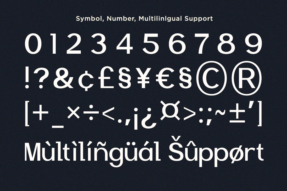 Modern sans serif typeface displaying full character set with numbers, currency symbols, multilingual accents on dark background