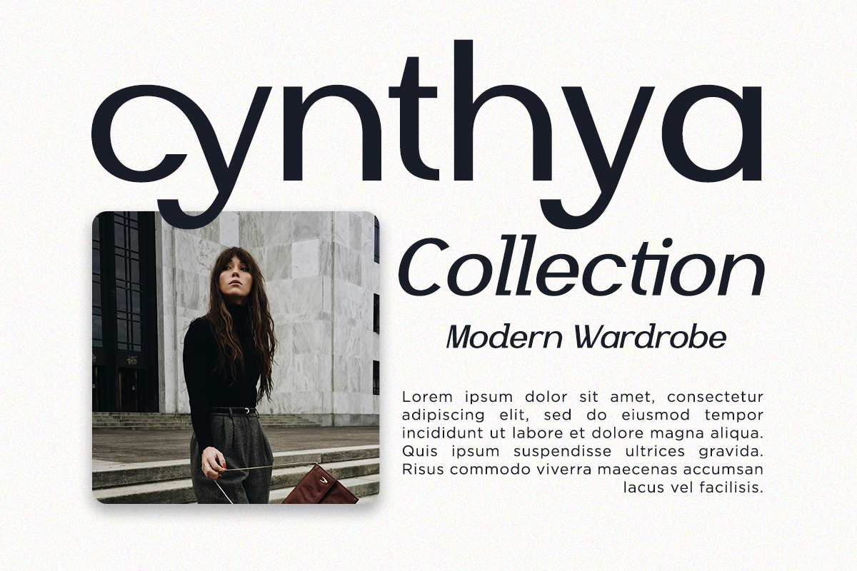 Cynthya Collection fashion lookbook mockup with woman in black outfit holding burgundy bag