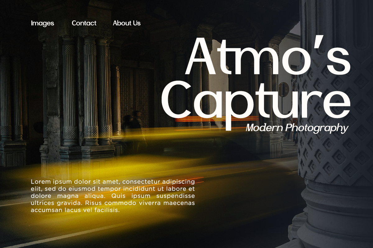 Moody website hero with grand columns, yellow light trail, dark architectural vibes