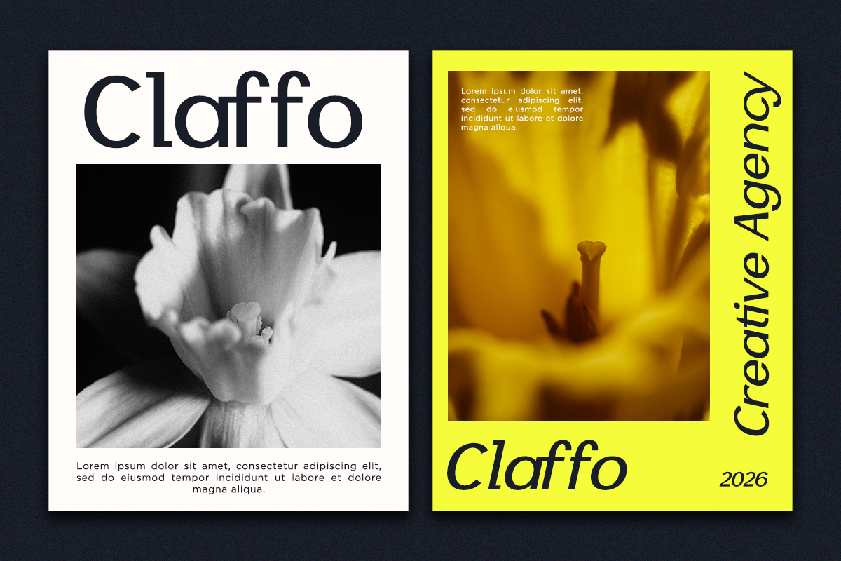 Two magazine cover mockups side by side, one minimal with B&W flower, one neon yellow with blurred product shot