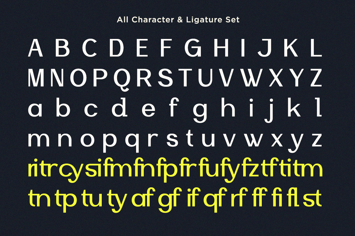 Font showing full uppercase, lowercase, plus all ligatures in bright yellow