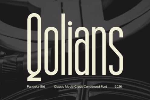Pandeka Std condensed typeface in cream on dark cinema background with retro vibes