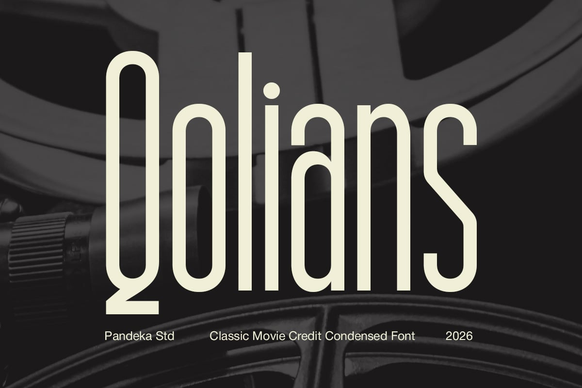 Pandeka Std condensed typeface in cream on dark cinema background with retro vibes