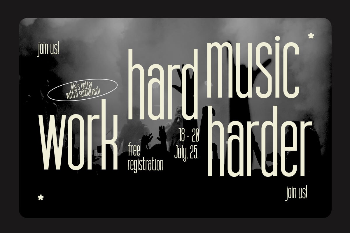 Hard music festival poster mockup with moody crowd silhouettes, cream type, dark overlay
