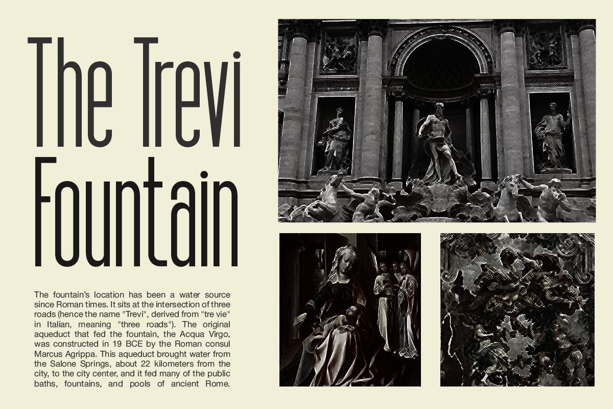 Trevi Fountain Rome mockup with black white classical architecture photos plus descriptive text layout