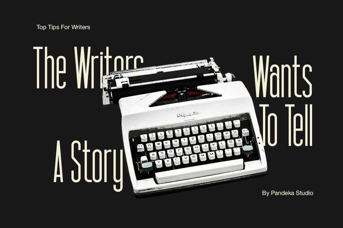 Vintage typewriter mockup with bold serif text overlay on dark background about writing tips
