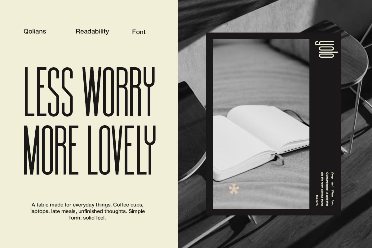 Qolians font displayed on cream background with "Less Worry More Lovely" headline, open notebook photo mockup