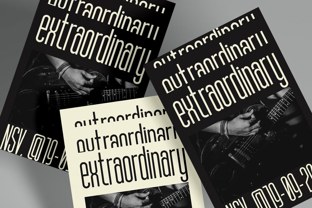 Stacked posters with "extraordinarily" text over black white guitar player photos on gray background