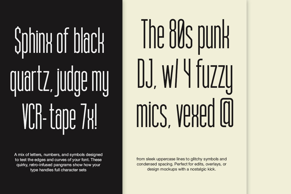 Split screen showing retro font samples with quirky pangrams on black plus cream backgrounds
