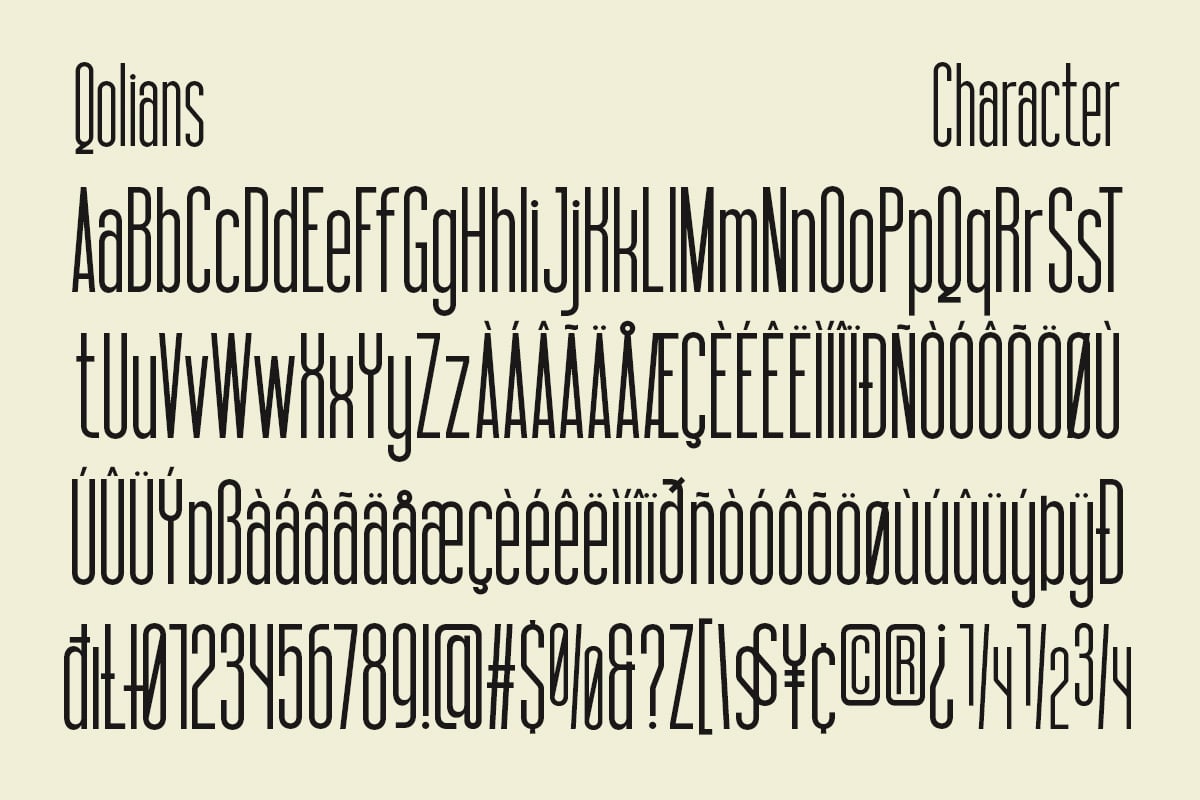 Golians font showing full character set with letters, numbers, accents on cream background