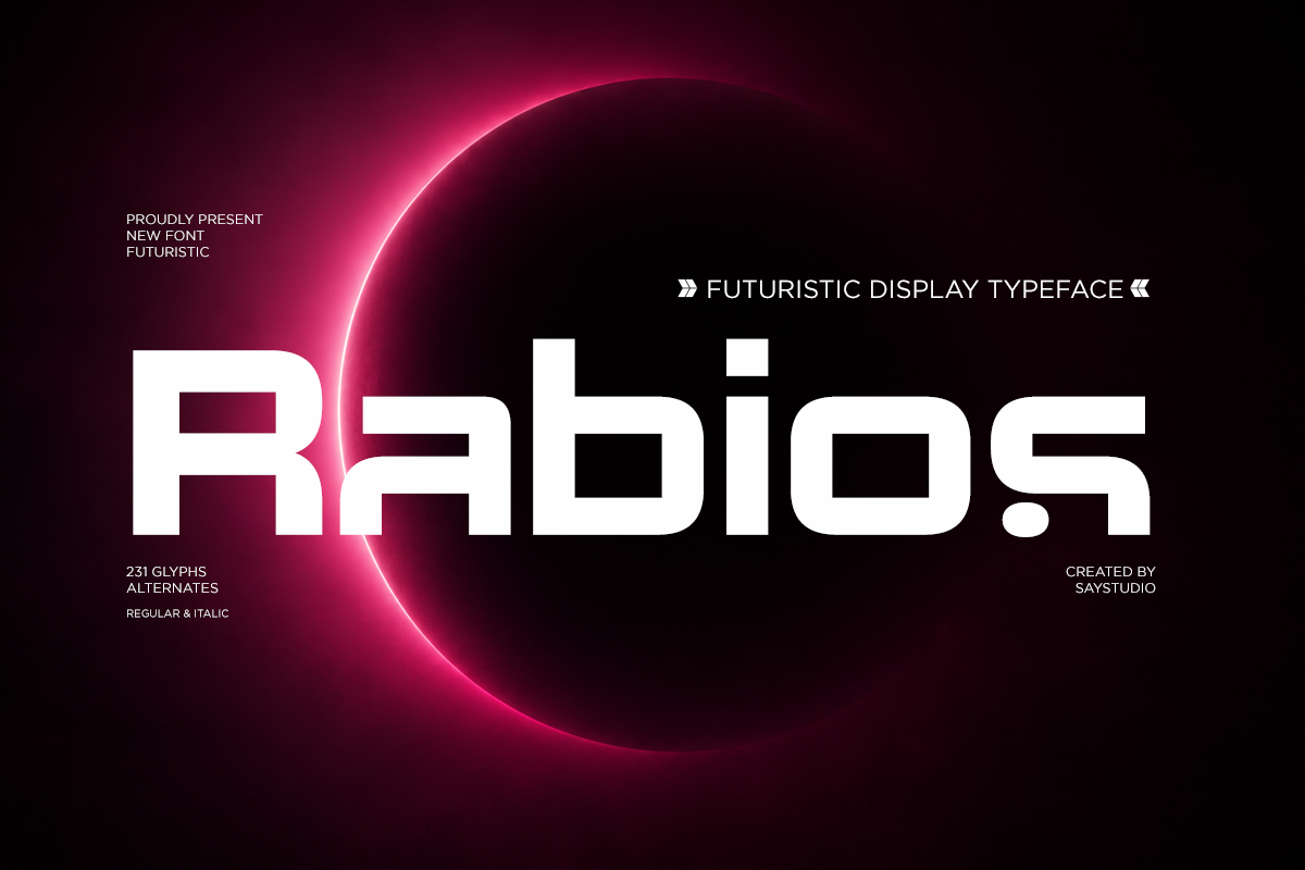 Rabios futuristic display font with neon pink glow on dark background