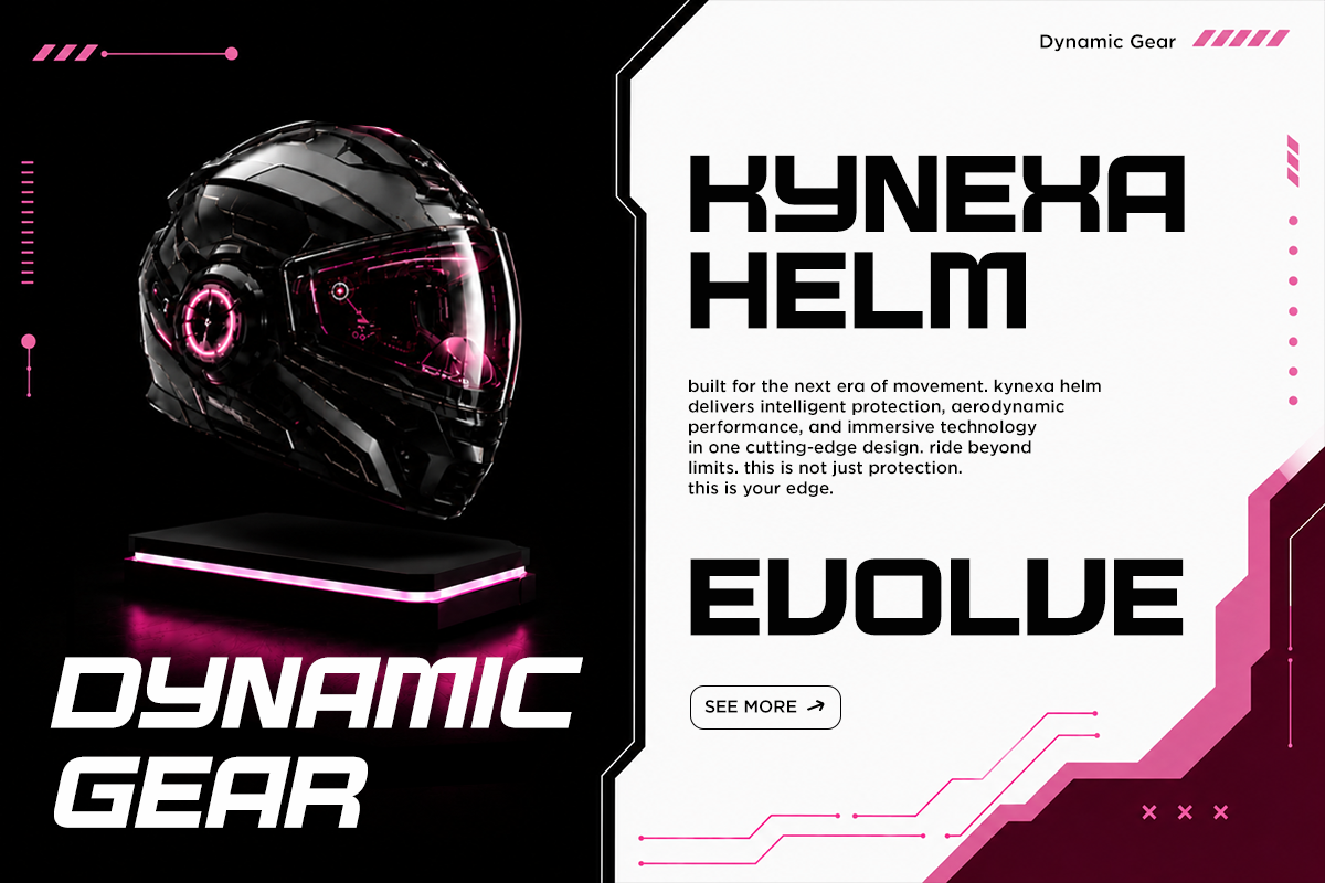 Futuristic black motorcycle helmet with neon pink accents glowing on dark background