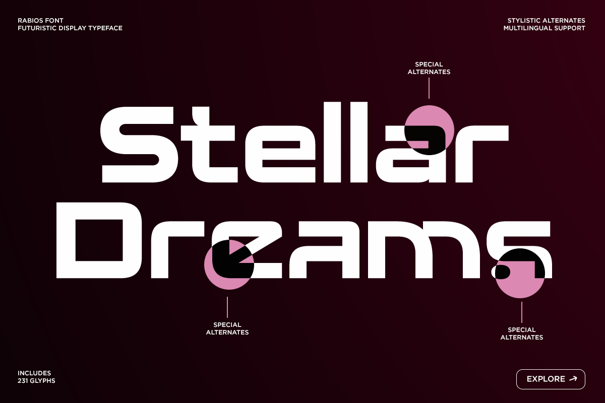 Rabios futuristic display font with "Stellar Dreams" text in white, pink circular alternates on dark background