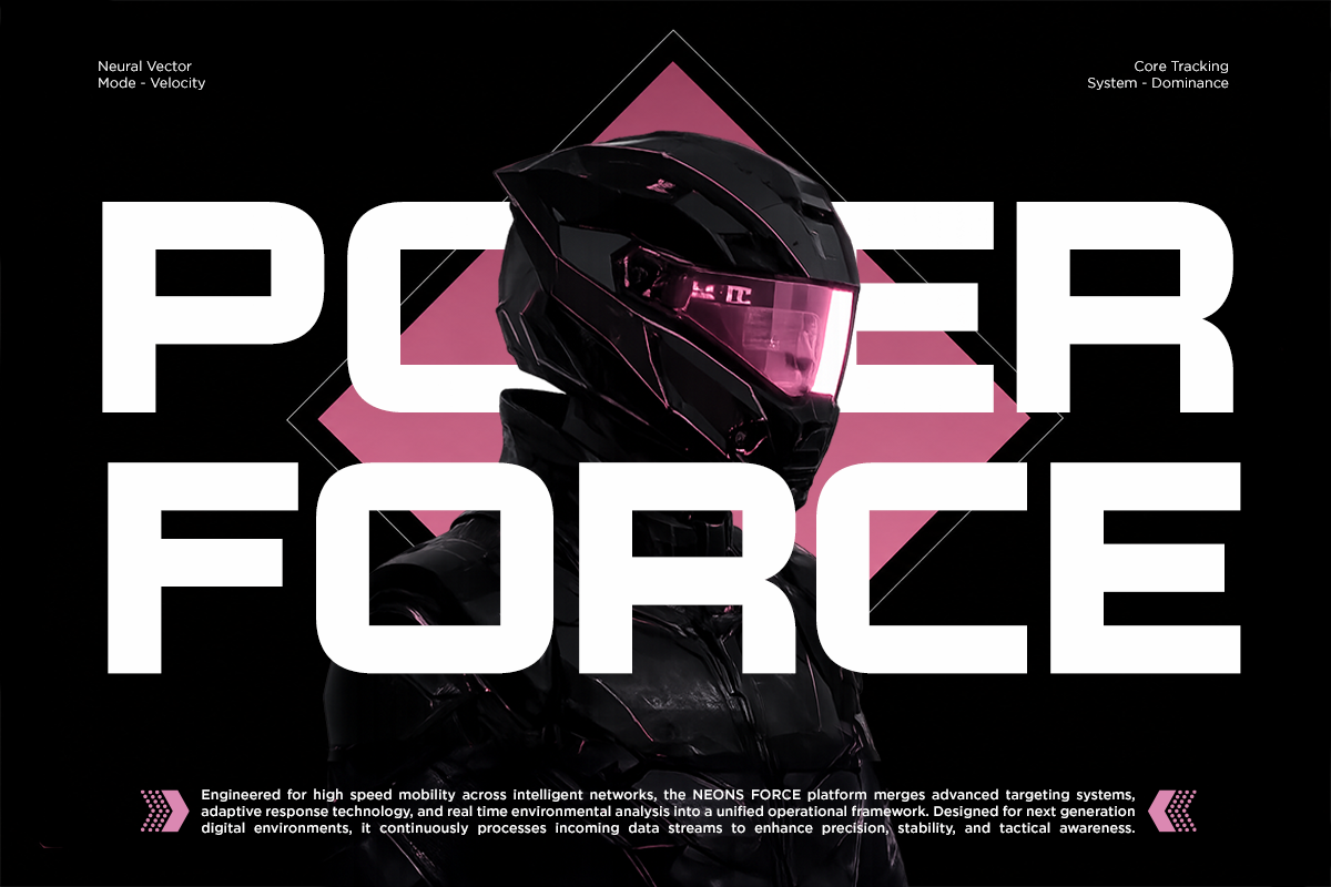 Futuristic black helmet with pink visor centered over bold white typography on dark background