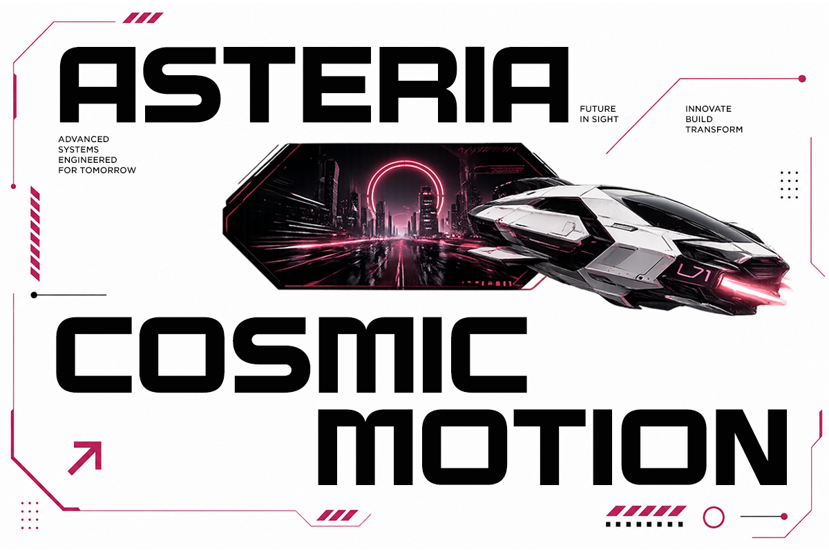 Futuristic car mockup with neon pink cityscape, bold typography for Asteria Cosmic Motion branding layout