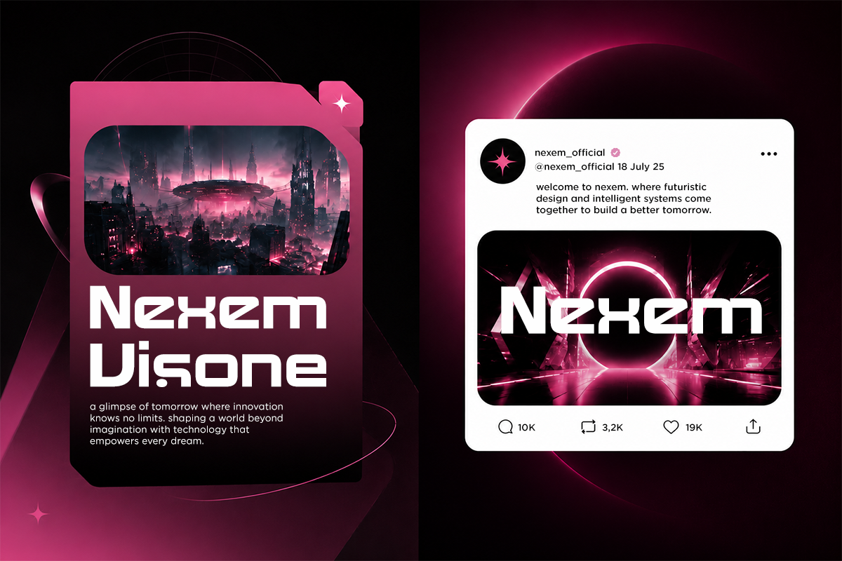 Futuristic sci-fi mockup with neon pink glow, dystopian cityscape, social media post template