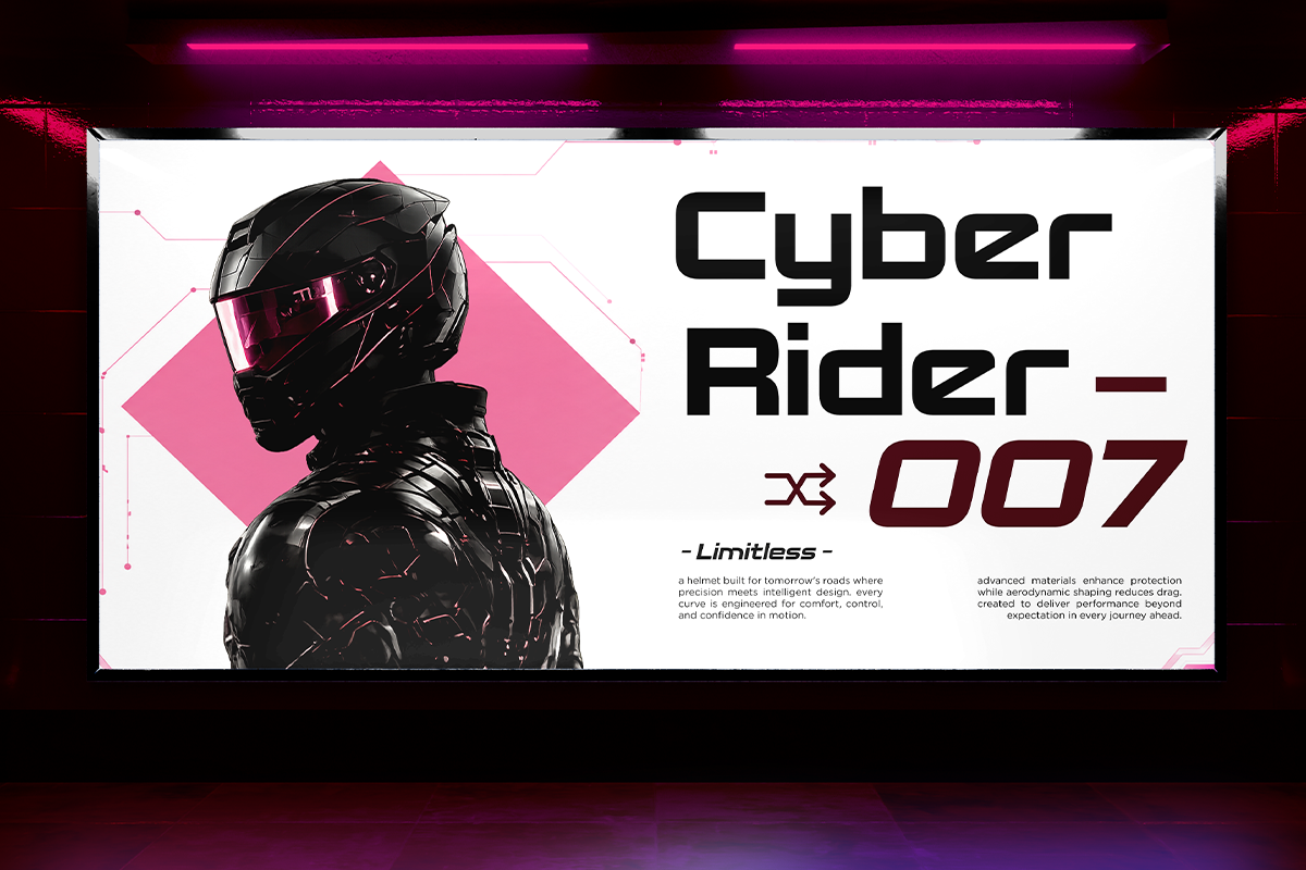 Futuristic helmet product display with neon pink accents, geometric shapes, bold typography for sci-fi branding mockup