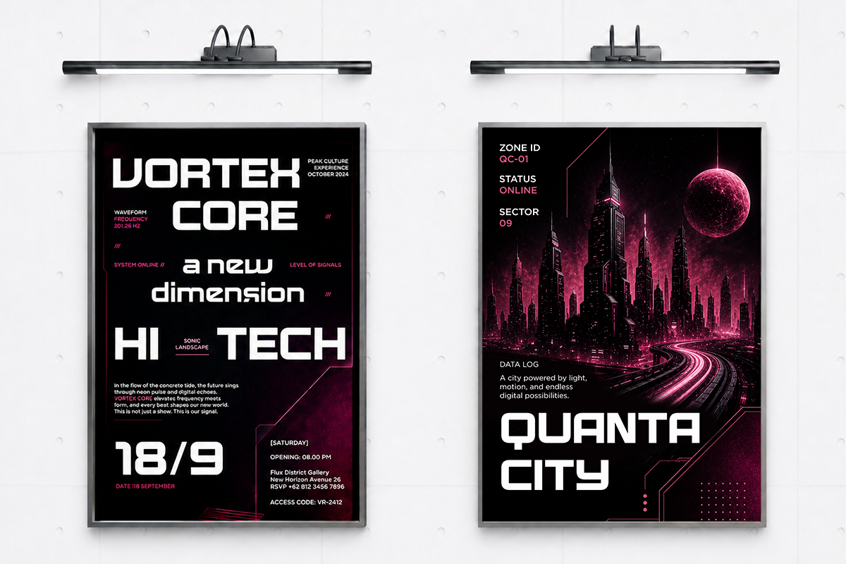Cyberpunk poster mockup with neon pink accents, futuristic city skyline, mounted on wall
