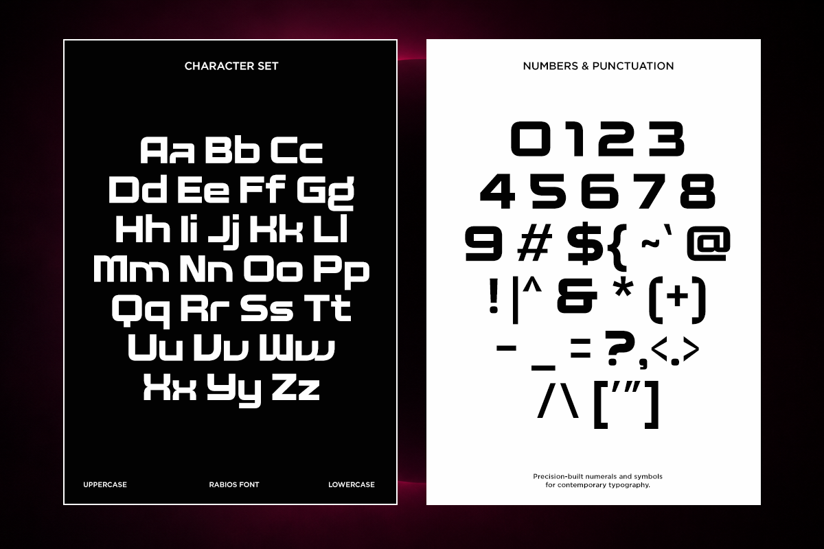 Rabios font character set showing uppercase, lowercase, numbers, punctuation marks, plus symbols