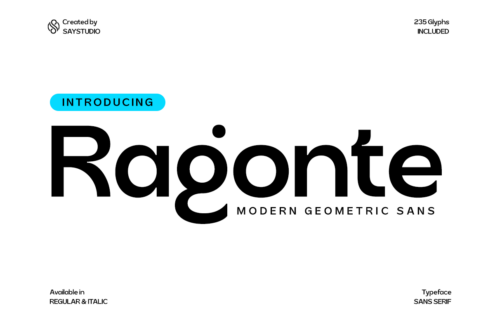 Ragonte modern geometric sans serif font with 235 glyphs in regular plus italic styles
