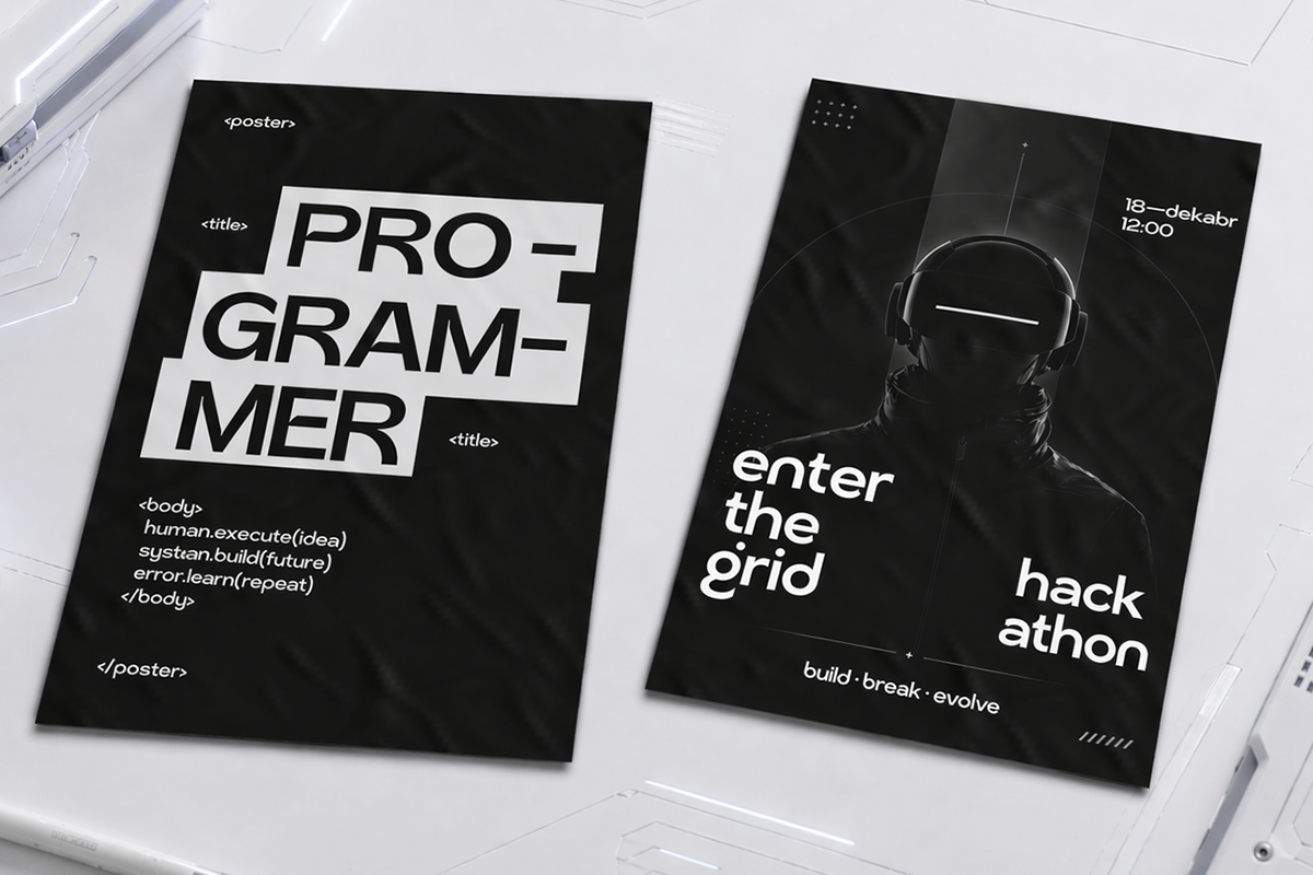 Two black posters with bold typography, code snippets, one featuring a figure in headphones on white desk