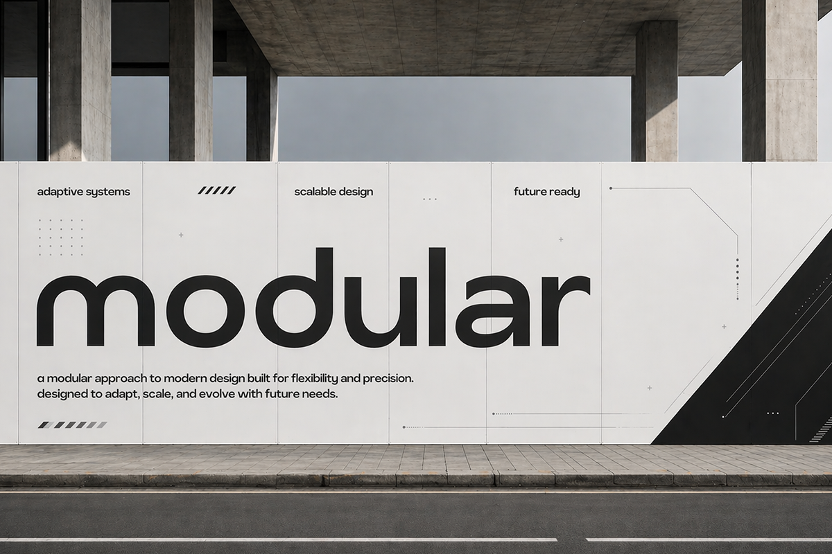 Modern storefront mockup showing "modular" typography with minimalist design system elements on concrete backdrop