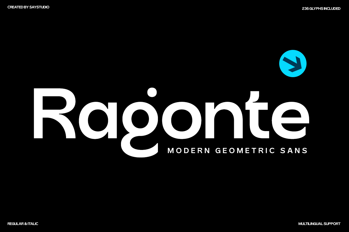Ragonte modern geometric sans font with 236 glyphs on black background by SayStudio