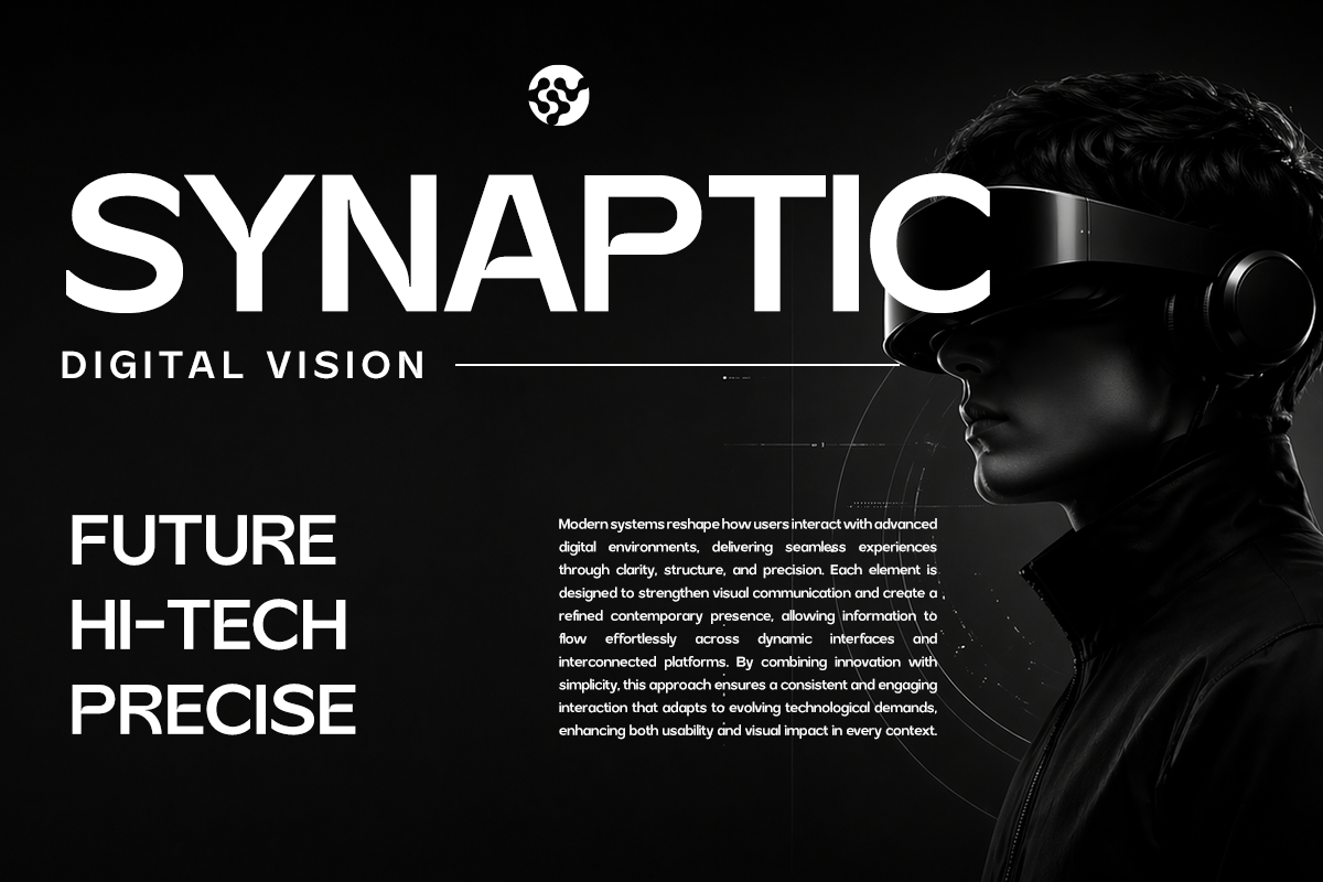 Futuristic VR headset mockup with bold white typography on black background showing Synaptic branding